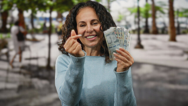 Middle-aged woman outdoors in peru holding banknotes with a cheerful expression in a bustling city street scene. - Powered by Adobe