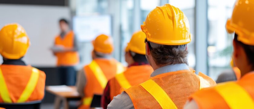 Construction workers wearing orange vests and yellow hard hats attend a safety training session indoors