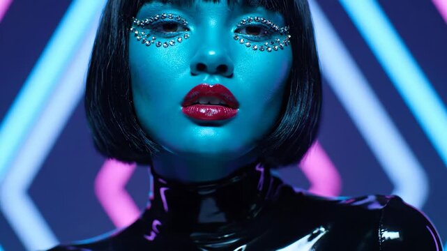 Futuristic woman face with cyber makeup neon light is a high fashion beauty portrait this sci-fi model is a beautiful artistic creation this is a cool future fashion concept