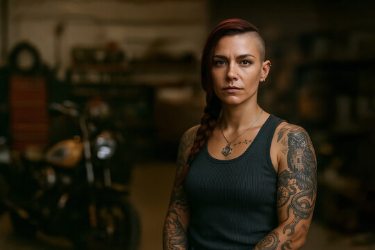 Portrait of tattooed female mechanic in motorcycle repair garage