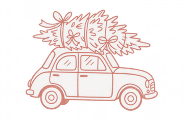 Vintage car carrying christmas tree on roof, holiday travel concept, bringing home festive evergreen, drawing style