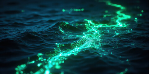Bioluminescent Water Ripples with Glowing Green and Blue Trails A tranquil and surreal abstract background featuring glowing bioluminescent waves rippling