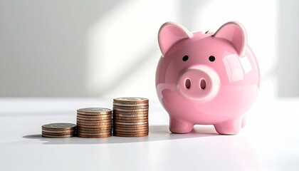 Child Hand Placing Coin in Pink Piggy Bank with Coin Stacks on White Table Under Bright Natural Light Savings Concept Financial Growth Wealth
