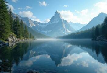 Serene Mountain Peak Reflection in Crystal Clear Tranquil Lake Surrounded by Lush Greenery and Untouched Wilderness