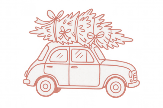 Vintage car carrying christmas tree on roof, holiday travel concept, bringing home festive evergreen, drawing style