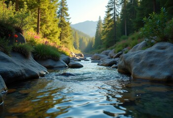 Serene Stream Flowing Through Rocky Terrain Natural Landscape Tranquil Water Nature Scene