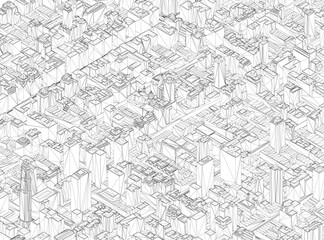 A black and white geometric pattern of a city wireframe, composed of various shapes and lines, creates a unique and intricate design. Isometric view. 3D