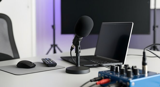 Record professional podcast audio with sleek microphone setup in modern, creative studio perfect for dynamic interviews and engaging content creation