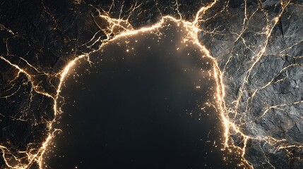 Dark, textured surface fractured by glowing gold lines, framing a black void with points of light