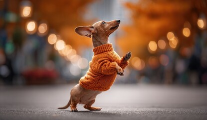 Dachshund in orange sweater, standing, city background