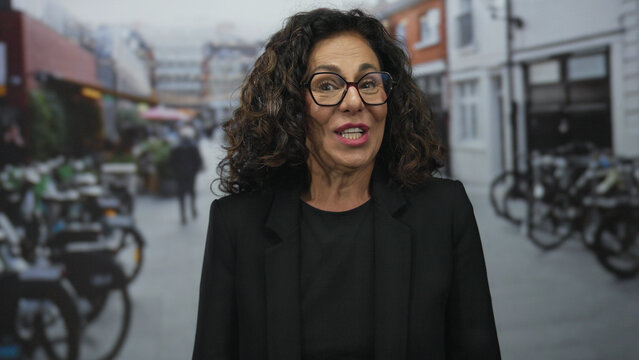 Hispanic woman with curly hair and glasses expressing surprise on a bustling urban street, surrounded by blurred bicycles and buildings in the background.