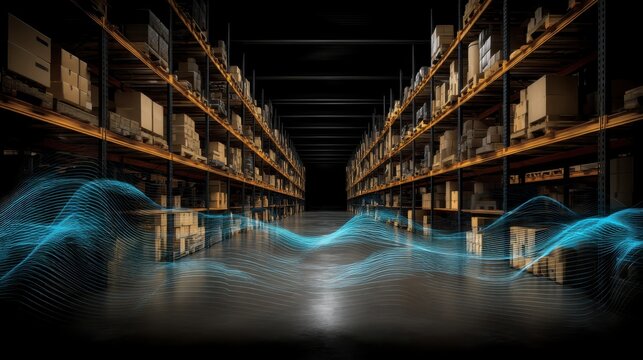 A modern warehouse interior with shelves of boxes and digital blue data waves flowing through the aisle, symbolizing smart logistics and automation - Powered by Adobe