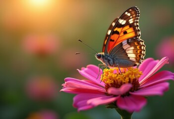 Stunning Macro Photograph of Butterfly Perched Gracefully on Vibrant Flower Petals Close-Up