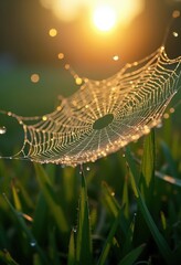 Stunning Close-Up of Dew-Covered Spiderweb at Morning Light with Crystal Clear Droplets Reflecting Nature's Beauty