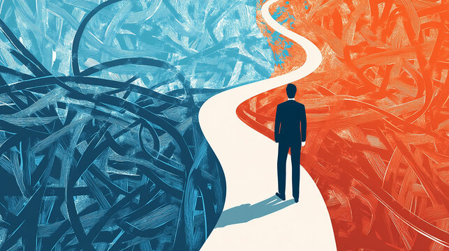 Conceptual business strategy illustration, showing two paths to the same goal - one direct and simple, the other intricate and complex