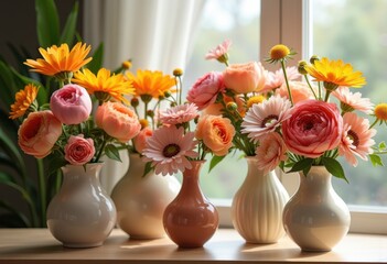 Stunning Seasonal Flower Blooms in Unique Vase Arrangements Home Decor Colorful Petals Creativity Beauty