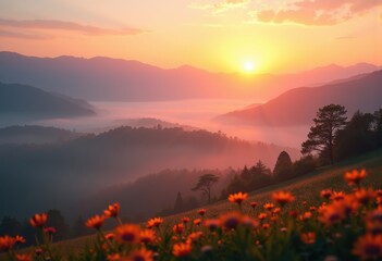 Stunning Sunrise Over Misty Hills Silhouetted Trees Dreamy Landscape Serene View Morning Glow