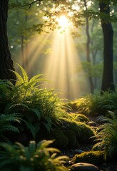 Sunlight Filtering Through Dense Forest Canopies Creating Ethereal Patterns of Light and Shadow in Tranquil Woods