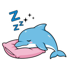 Cute sleeping dolphin cartoon illustration on a pink pillow with Zzz - Dreamy underwater creature