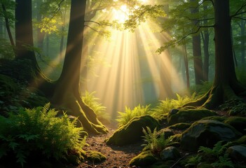 Sunlight Filtering Through Dense Forest Canopies Creating Ethereal Patterns of Light and Shadow in Tranquil Woods