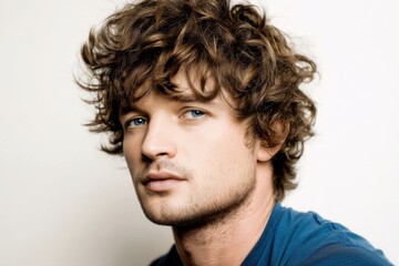 Obraz premium Young man with curly brown hair and blue eyes wearing a blue shirt, looking confidently at the camera against a plain background