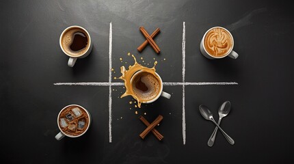 Creative tic tac toe coffee concept with cups of espresso, cappuccino, iced coffee and splash in the center, cinnamon sticks and spoons as game symbols on chalkboard background