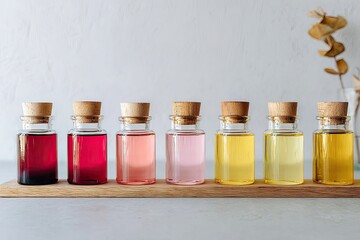 Small glass bottles with colored liquids, cork tops, on a wooden tray