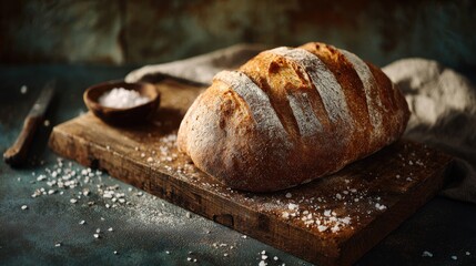 Rustic loaf of artisan bread on a wooden board