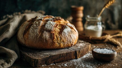Rustic loaf of bread on wooden board, dusted with flour