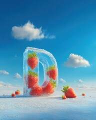 Vibrant outdoor landscape scene featuring fresh strawberries submerged in water against a bright blue sky with fluffy white clouds capturing natural beauty and summer freshness