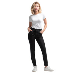 Fototapeta premium Elegance in Casual: A poised woman exudes sophistication in a classic white t-shirt and black denim, a study in refined simplicity and effortless style.