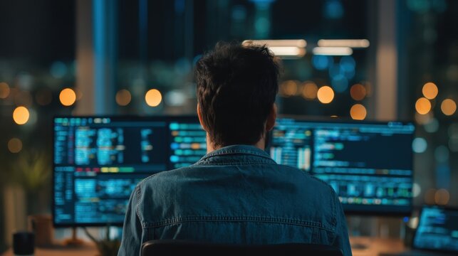 A person sits at a desk with multiple monitors displaying code, working late in a modern office with city lights in the background