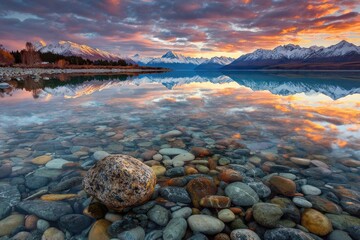 Serene mountain lake at sunrise, vibrant colors reflected