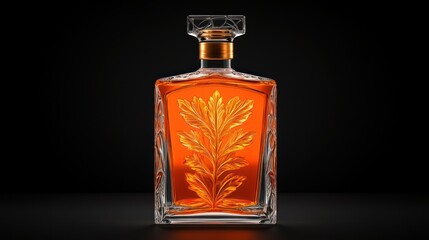 Elegant Crystal Decanter with Amber Liquid and Intricate Leaf Design
