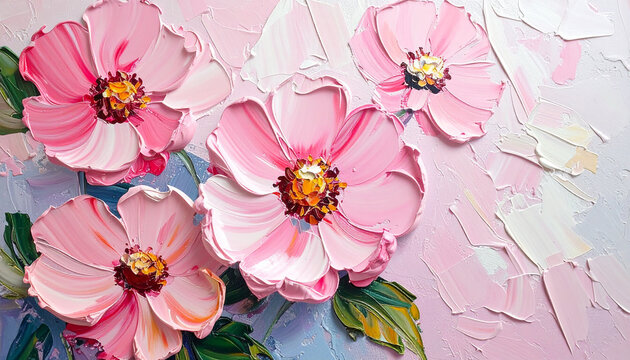 Fototapeta Rough palette knife oil painting of pastel pink flowers, thick textured strokes, hand painted style