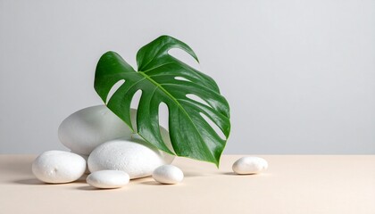 Minimalist Still Life with Monstera Leaf and White Pebbles on Neutral Background