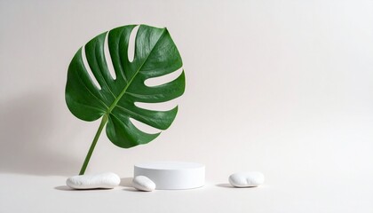 Minimalist Still Life with Monstera Leaf and White Pebbles on Neutral Background