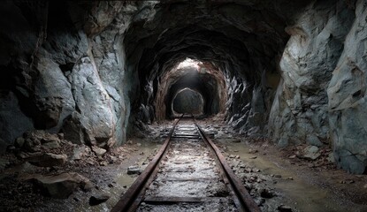Dark, rocky mine tunnel with train tracks