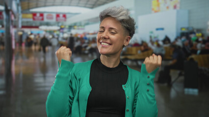 Woman in green cardigan smiling and pointing finger at camera in busy airport terminal; success...