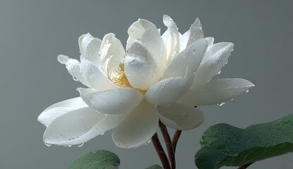 Close-up of a pristine white lotus flower, adorned with water droplets