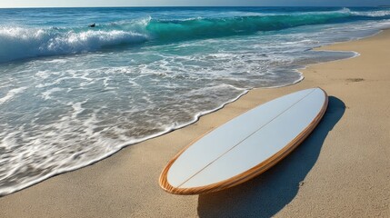 Surfboard on sandy beach, waves crashing (1)