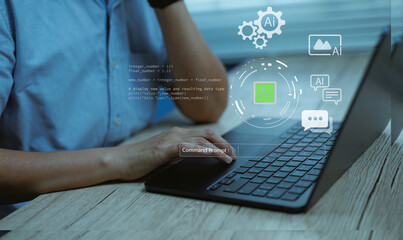 Businessman working on laptop with AI technology icons, programming code, and data digital innovation multimedia concept artificial intelligence, machine learning, and data analysis command prompt