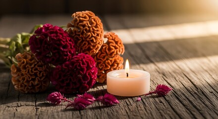 Peaceful Still Life with Flowers and Candle.