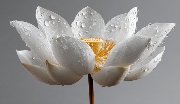 Close-up of a pristine white lotus flower, glistening with water droplets (1)