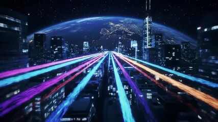 Futuristic cityscape with light trails representing data streams connecting to earth representing global digital network and high speed internet connection in modern technology age - Powered by Adobe