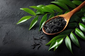 Dark tea leaves in wooden spoon, surrounded by fresh green leaves on a dark background