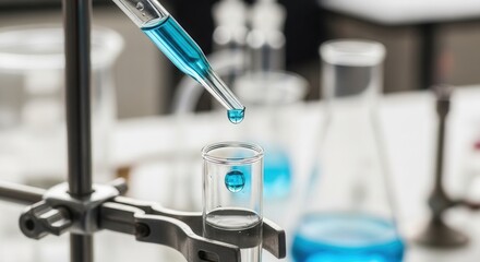 A dropper releases a blue liquid drop into a clear test tube held by a clamp on a lab bench with blurred glassware