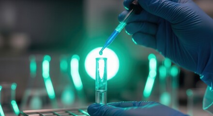 A gloved hand dispenses blue liquid into a test tube with a dropper illuminated by glowing green light in a laboratory