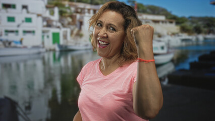 Middle aged woman clenches fist beside docked boat outside white building while smiling broadly;...