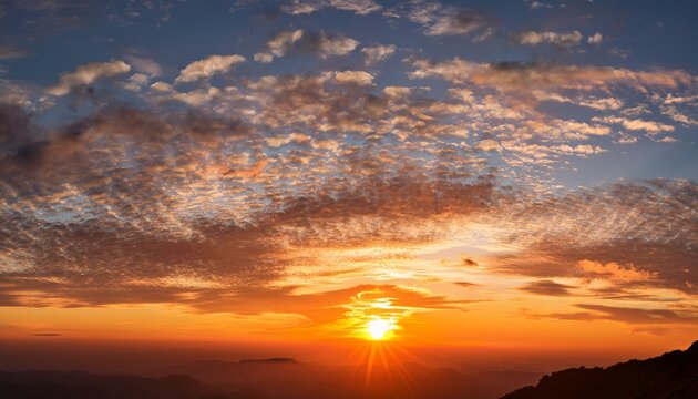 Background Panorama Scenic Of The Strong Sunrise With Silver Lining And Cloud On The Orange Sky